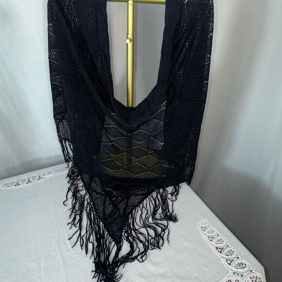 Black Fringe Knit Shawl Wrap | Boho Triangle Scarf | 82x35 + 7” Fringe - Picture 4 of 12